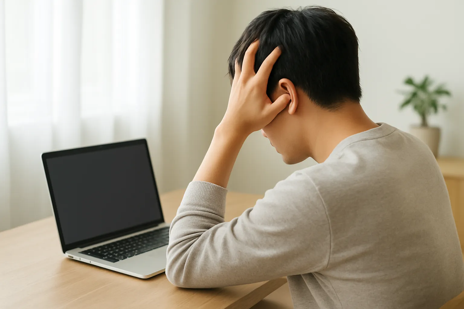 노트북 앞에서 고민하는 청년 구직자의 뒷모습
