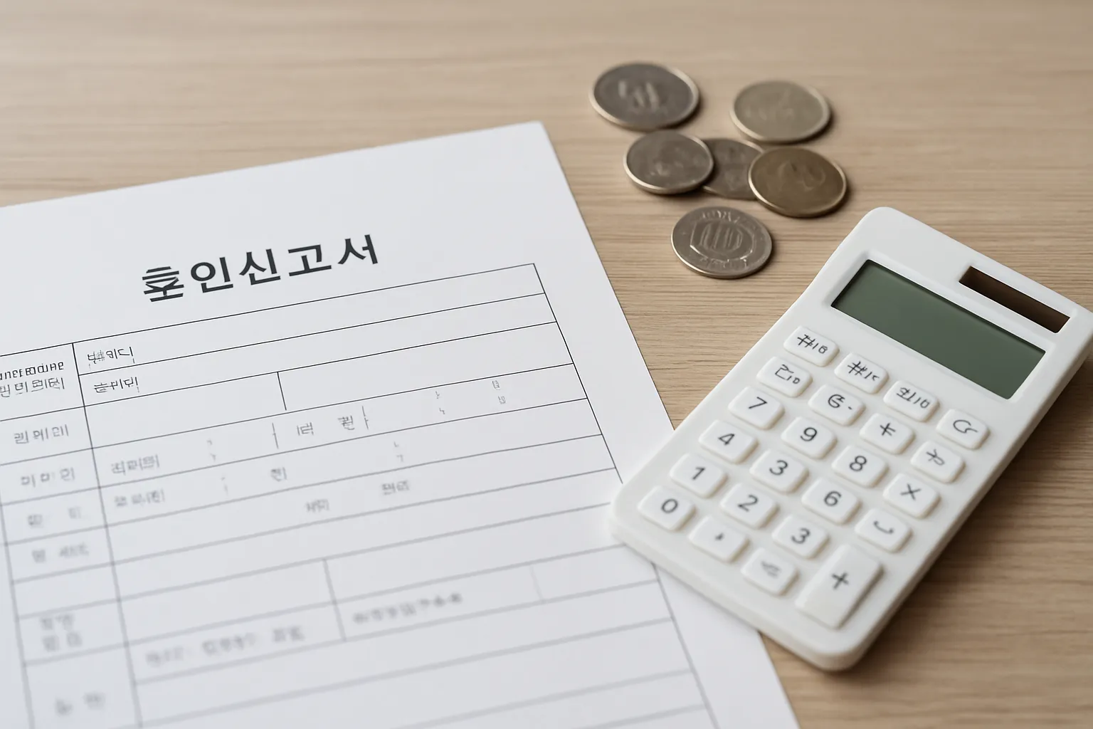 혼인신고서와 계산기, 동전이 놓인 책상 위 사진