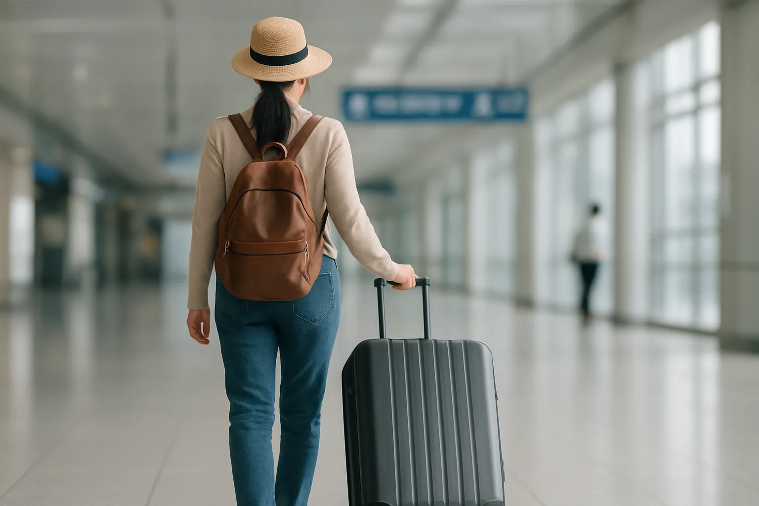 캐리어를 끌고 공항 출국장을 걸어가는 여행객의 뒷모습