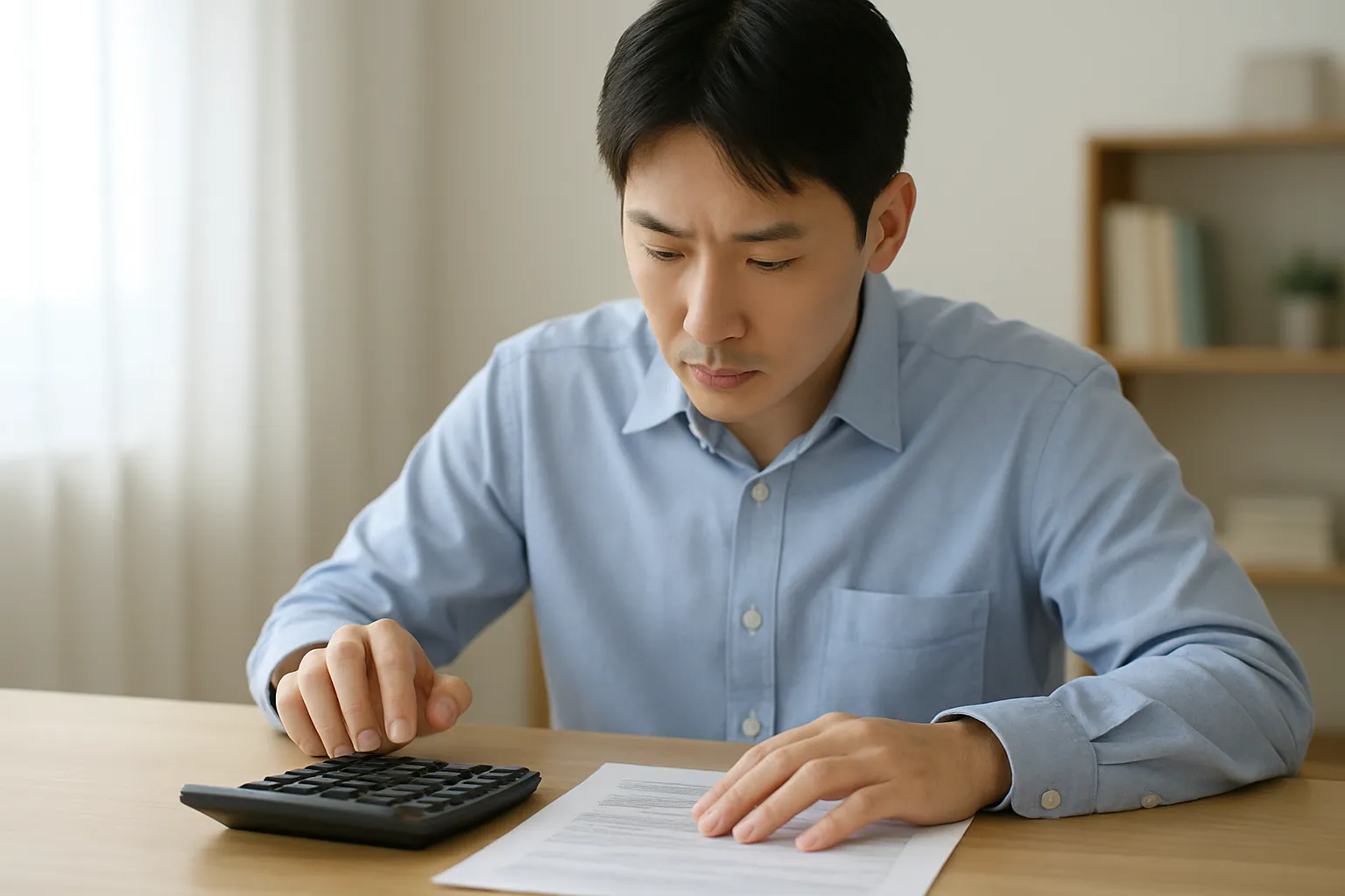 계산기를 두드리며 소득 내역을 확인하는 직장인