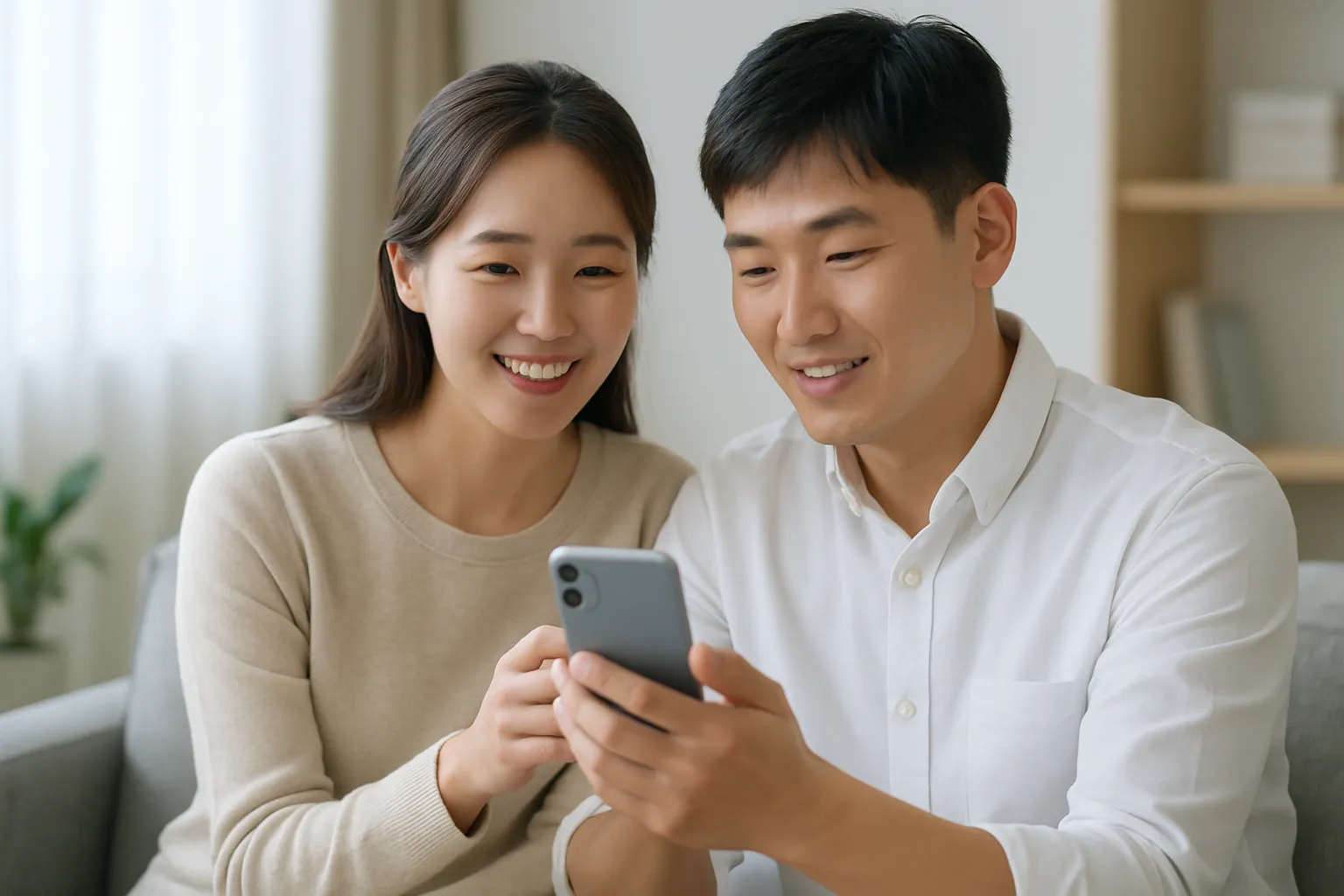신혼부부가 은행 앱으로 입금 알림을 확인하는 모습