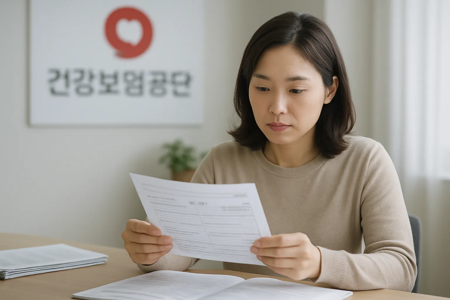 건강보험공단 상담 창구 또는 서류를 검토하는 모습
