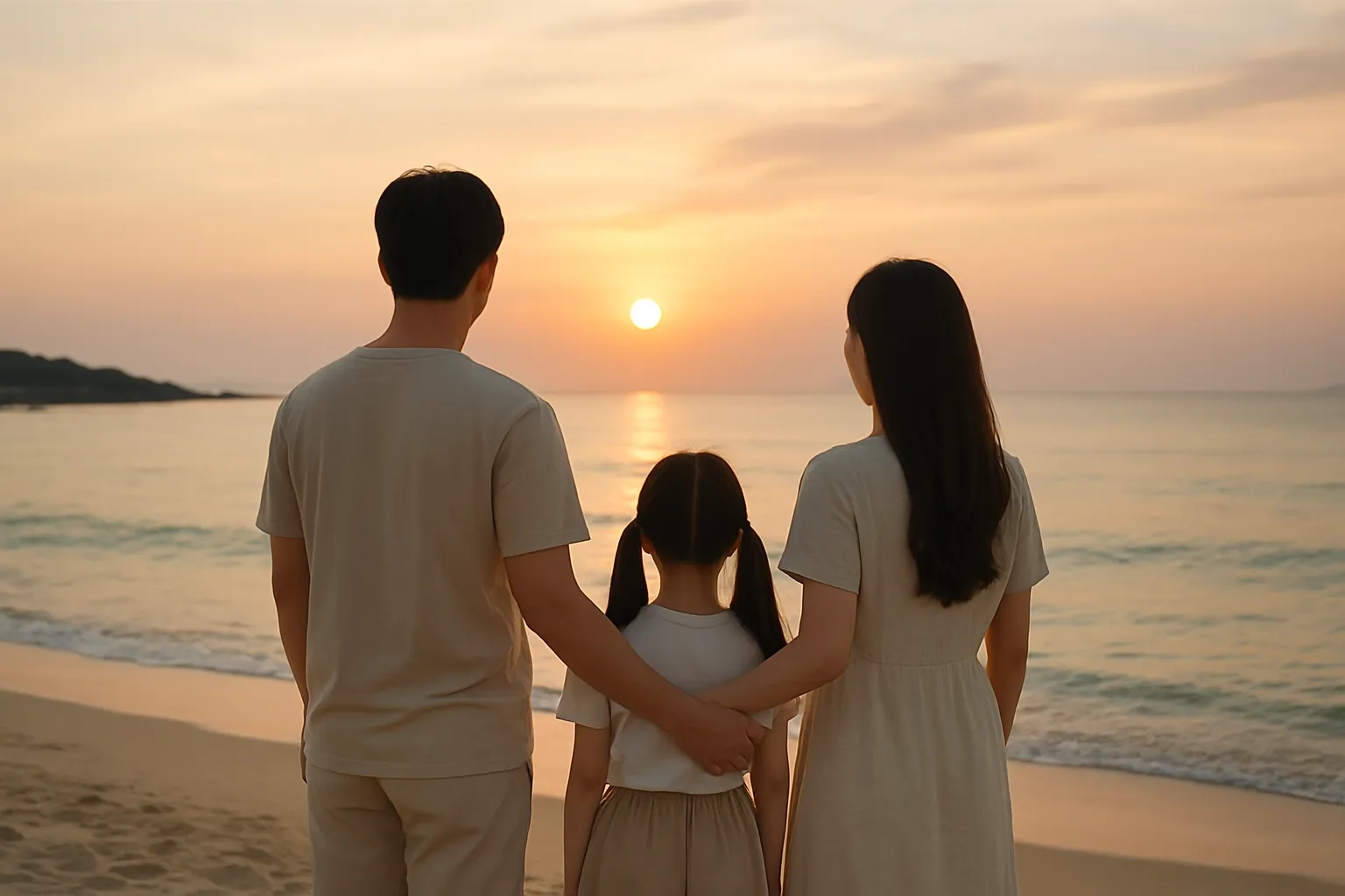 제주 협재 해변에서 노을을 바라보는 가족 여행객의 모습