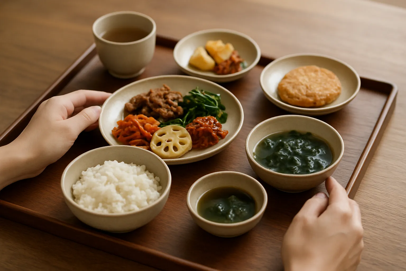 전통 소반 위에 차려진 한식 반상과 그릇들