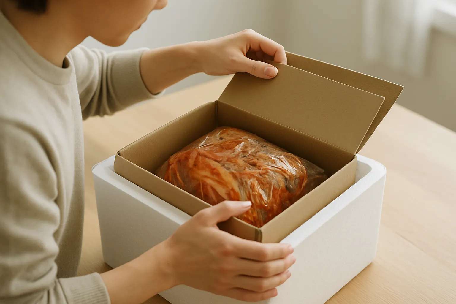 냉장 배송으로 도착한 김치 포장 상자