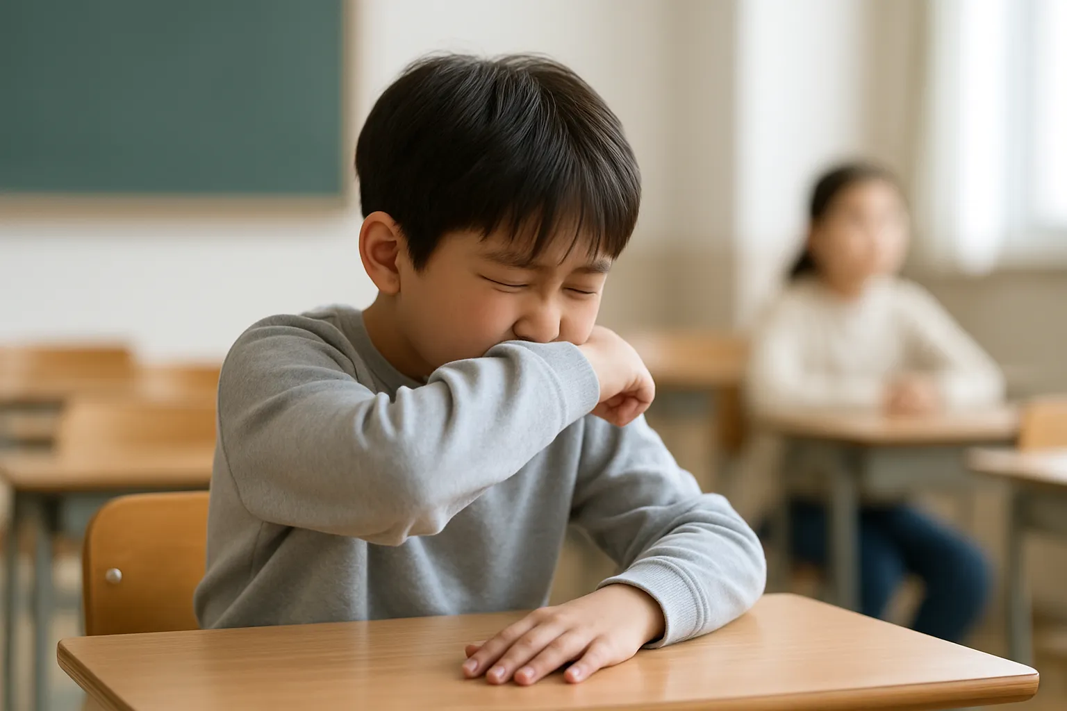 기침할 때 옷소매로 입을 가리는 어린