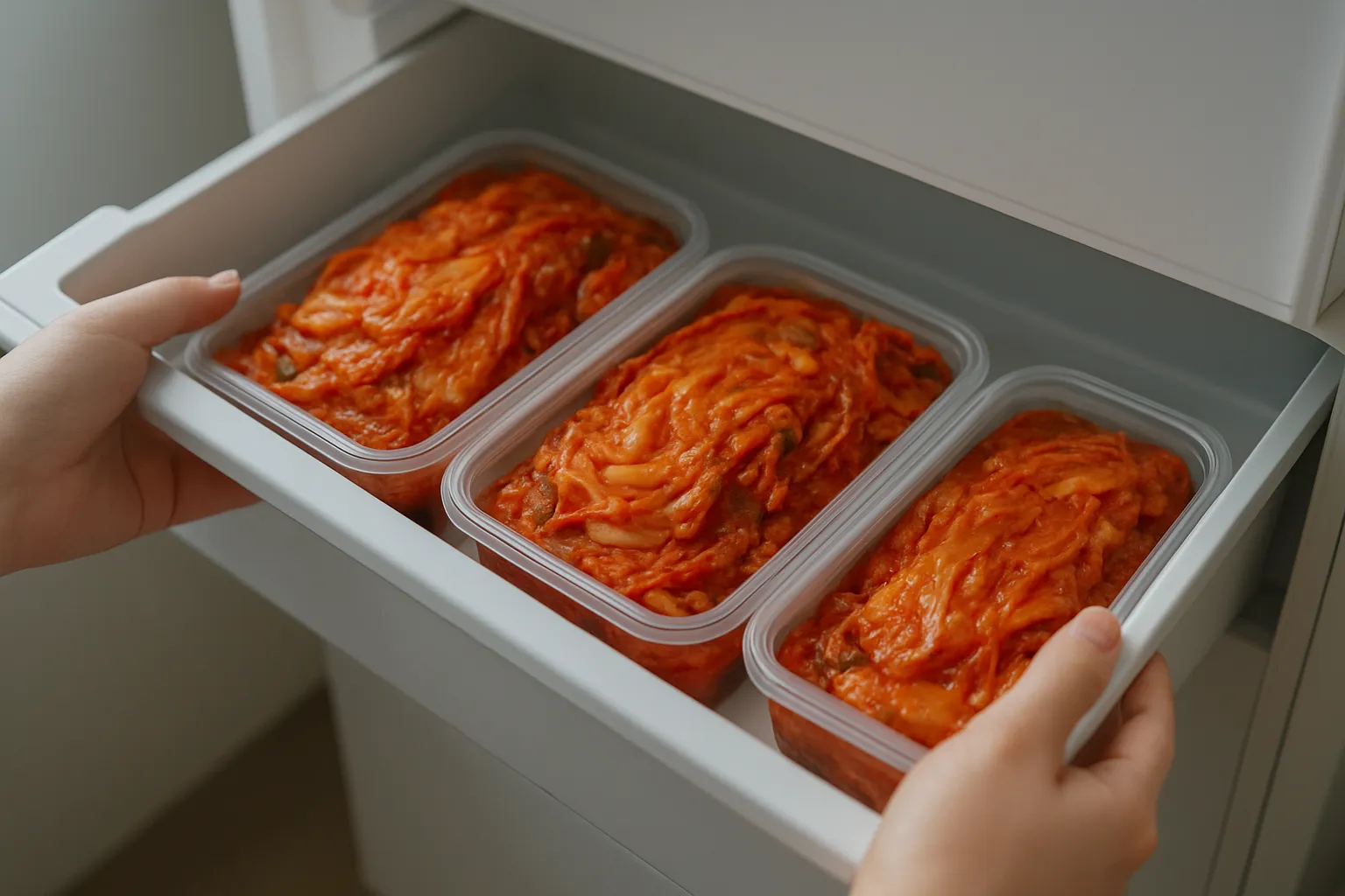 김치냉장고에 소분 보관된 김치통