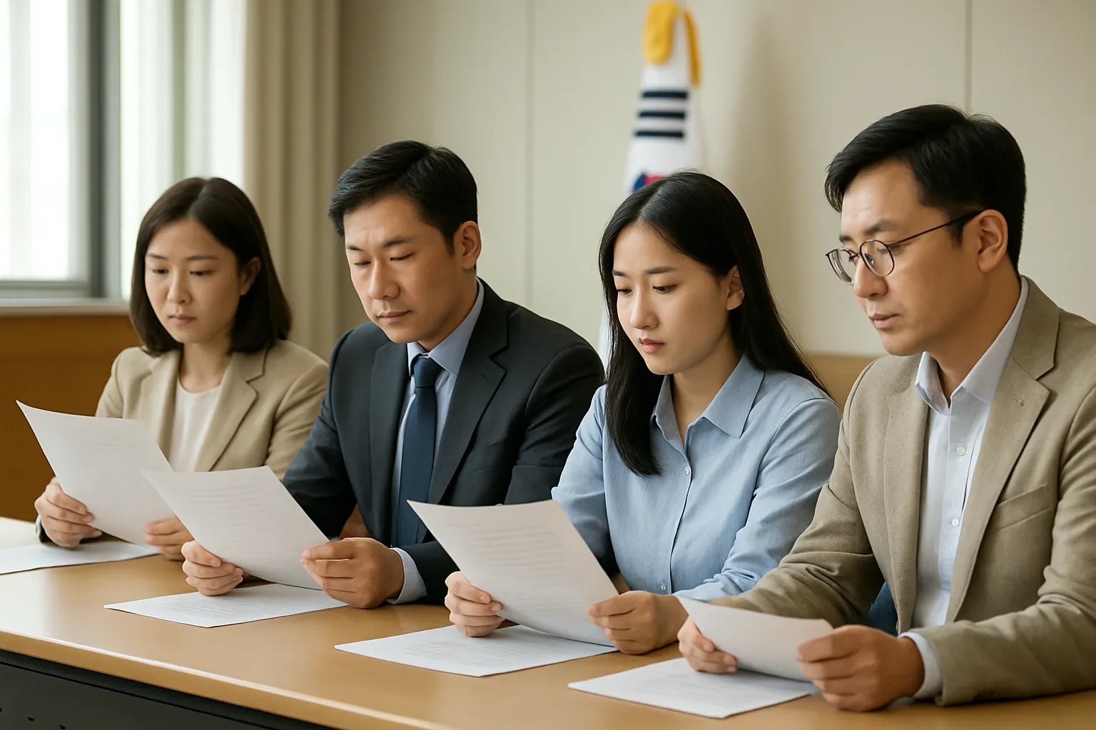 정부 청사 브리핑실에서 자료를 살펴보는 사람들