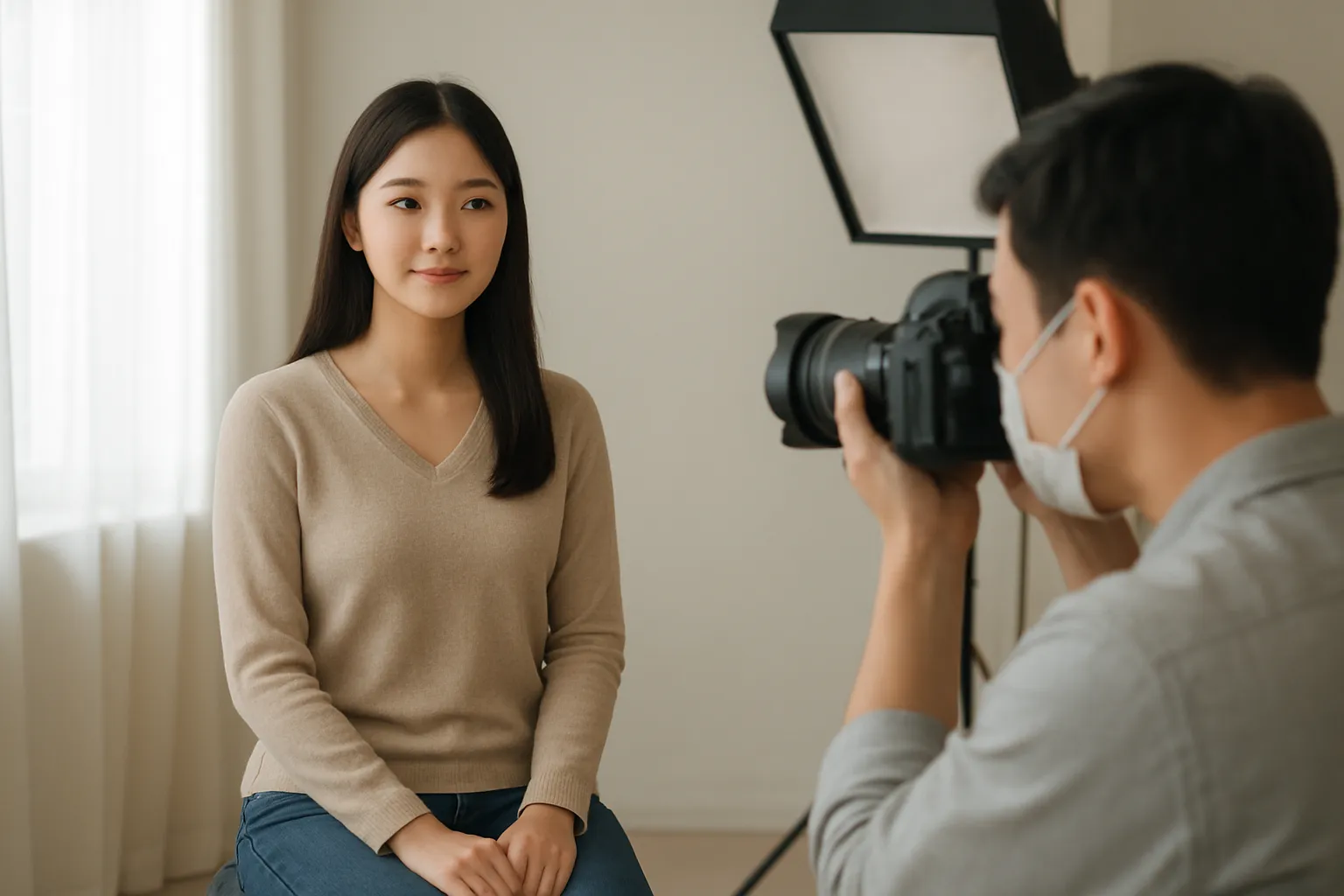 사진관 스튜디오에서 인물 사진을 촬영하는 장면