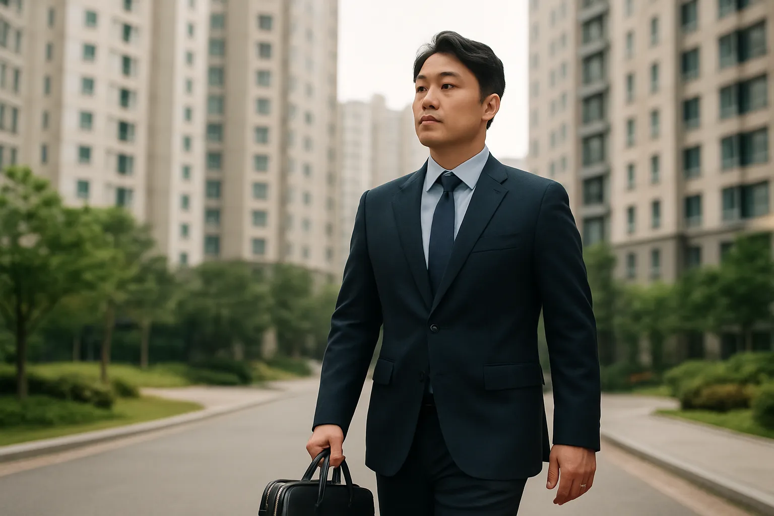 아파트 단지를 배경으로 서류 가방을 든 사람이 걸어가는 모습
